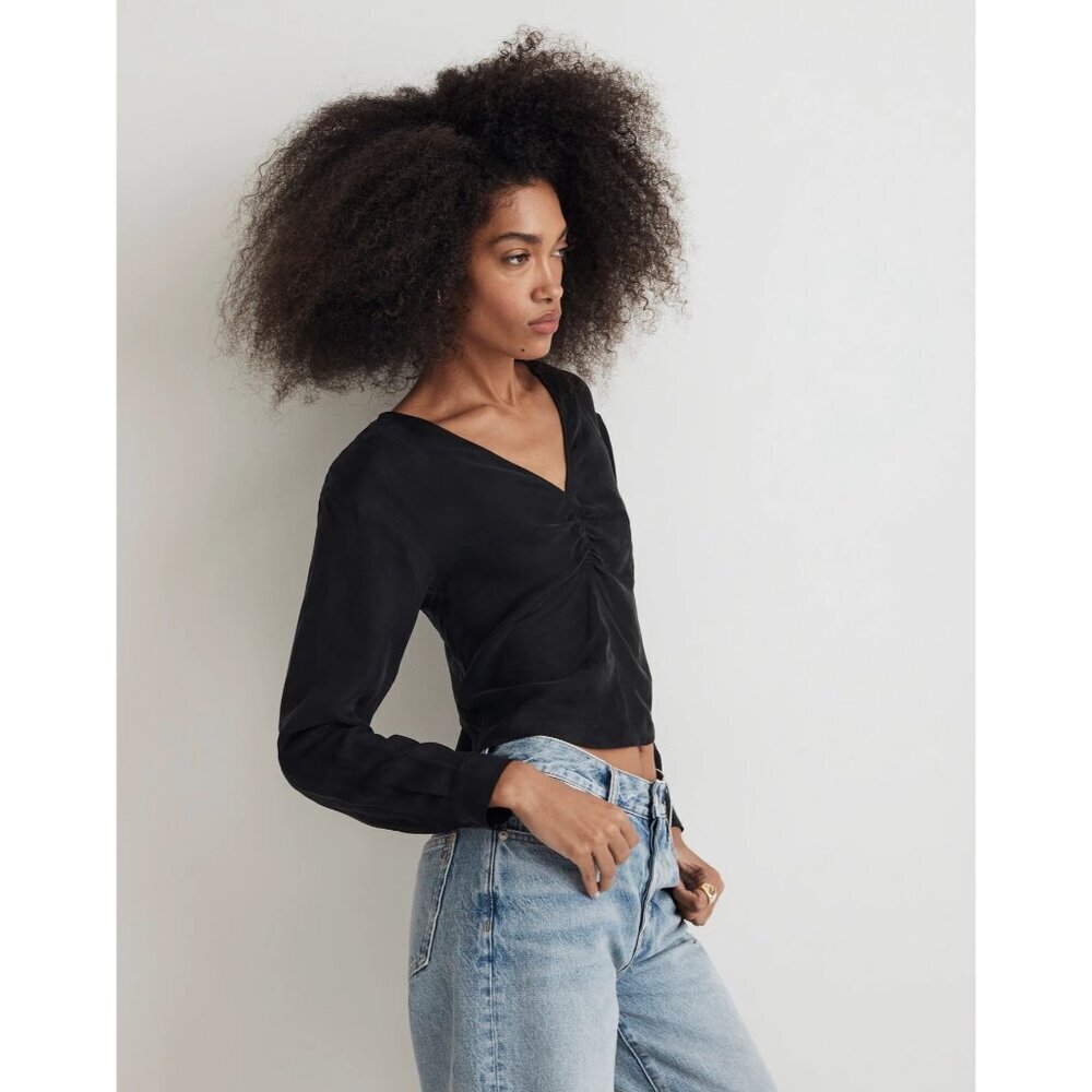 Madewell Brushed Ruched-Front Top in Black 2 New Womens Blouse - Picture 3 of 12